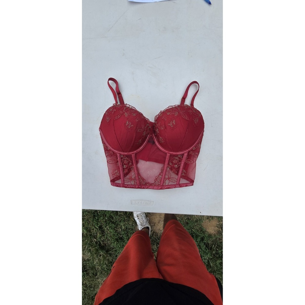 Victoria Secret Bra 34D Very Sexy Push Up Red Long Line Embroidered Shimmer